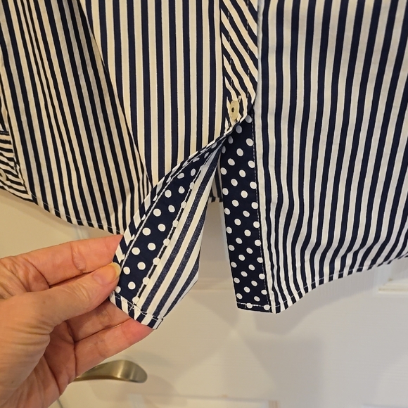Talbots Navy and White Striped Button Down Blouse With Polkadot Trim - Picture 5 of 8